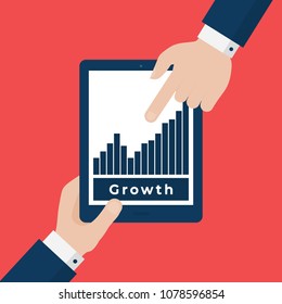 Two Businessmen Hands Pointing at Tablet with Stats on Screen. Sales Growth, Statistics Vector Concept. Flat Style Illustration
