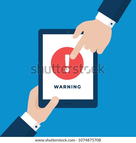 Two Businessmen Hands Pointing at Tablet with Warning Sign on Screen. Attention, Warning Vector Concept. Flat Style Illustration