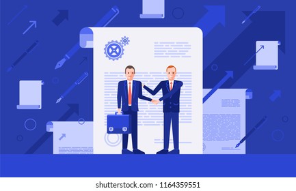 Two Businessmen With Handshake Signed Contract. Good Deal. Papers And Pens On Background. 