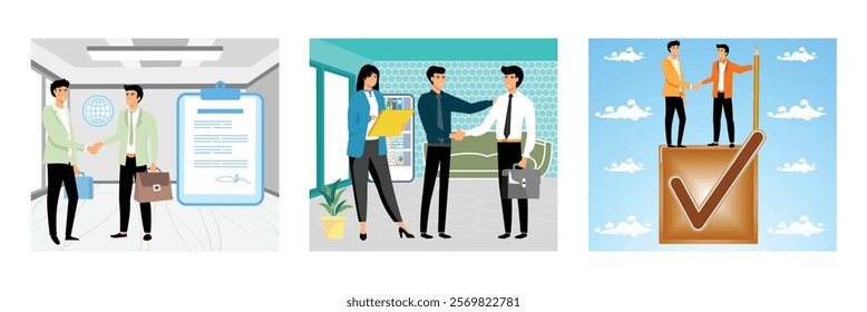 Two Businessmen Handshaking. New customer making agreement in business. Check Mark Above the Clouds. Set flat vector modern illustration 