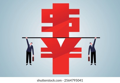 two businessmen hanging in the balance between the dollar sign and the yen currency sign