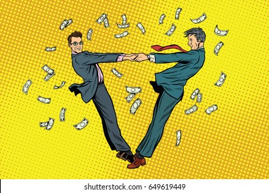 Two businessmen happily dancing in a whirlwind of money. Pop art retro vector illustration