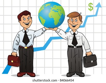 Two businessmen have control over globe