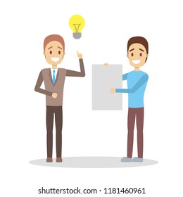 Two businessmen have an idea. Creativity and innovation. Light bulb as a metaphor of idea or solution. Isolated flat vector illustration
