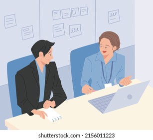 Two businessmen are having a business meeting in a conference room. flat design style vector illustration.