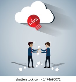 Two businessmen having a fight with long shadow of the cloud and red lightbulb - vector illustration