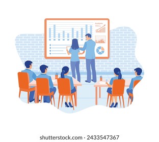 Two businessmen are having a meeting with colleagues in the office. Analyzing financial data graphs on a digital screen. Finance control scenes concept. flat vector modern illustration