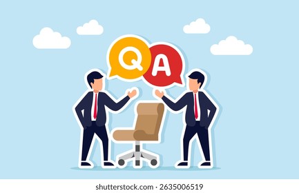 Two businessmen having question and answer session between office chairs illustration of new employee interview