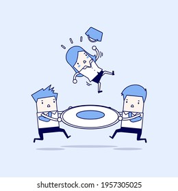 Two businessmen help businesswomen who are falling from height. rescue from risk. Cartoon character thin line style vector.