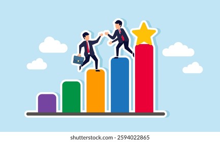 Two businessmen help each other climb a chart, with a star at the highest point, illustration of collaboration and teamwork in improving product and business service quality