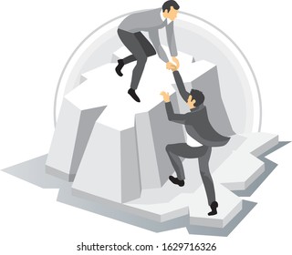 two businessmen helping each other on an iceberg