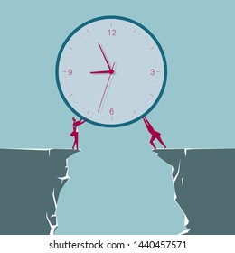 Two businessmen hold up the clock. Isolated on blue background.