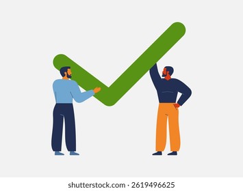 two businessmen hold green checkmark as a symbol af agreement, cooperation and good deal. Commitment, promise to finish work between partners. Trust on work and responsibility for result. Vector