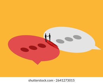 Two businessmen hold hands on a speech bubble