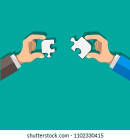 two businessmen hold the puzzle on their hands. Development, partnership and corporation. Stock vector of flat graphic illustration