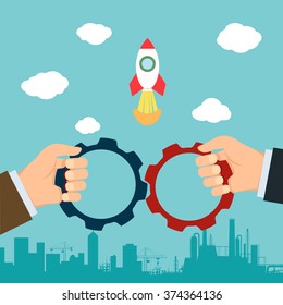 Two businessmen hold in their hands the gears. Collaboration in business. Stock vector illustration.