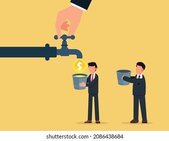 Two businessmen holding buckets wait for the gold coins flowing out of the tap. budget control concept