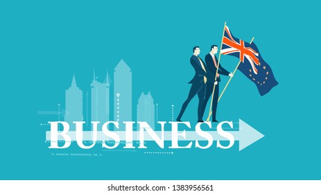 Two businessmen holding EU and British flags. Future business development after Brexit. concept illustration. 