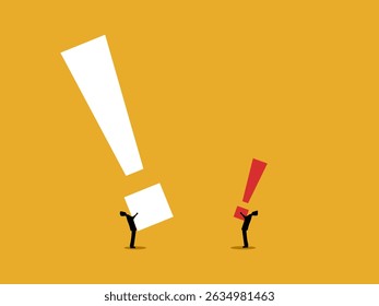 Two businessmen holding exclamation marks to compare problems