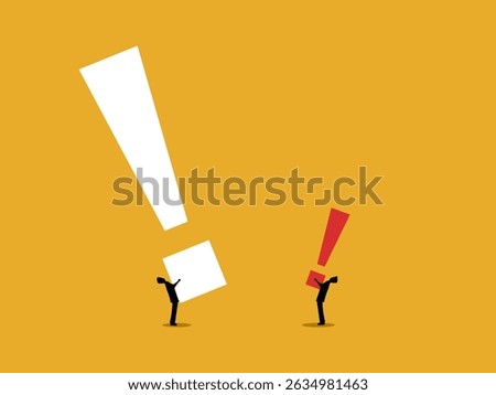 Two businessmen holding exclamation marks to compare problems