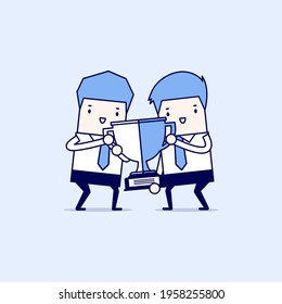 Two businessmen holding gold winner cup together. Teamwork, cooperation and partnership concept. winning award. Cartoon character thin line style vector.