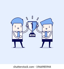 Two businessmen holding gold winner cup together. Cartoon character thin line style vector.