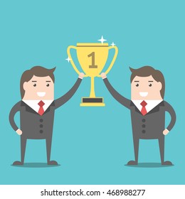 Two businessmen holding gold winner cup together. Teamwork, cooperation and partnership concept. Flat style. EPS 8 vector illustration, no transparency