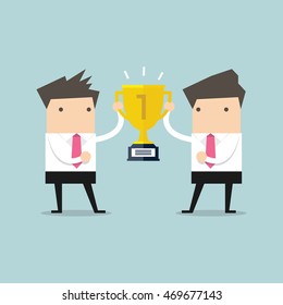 Two businessmen holding gold winner cup together. vector