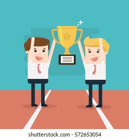 Two businessmen holding gold winner cup together. Teamwork, cooperation and partnership concept. Flat style. EPS 8 vector illustration