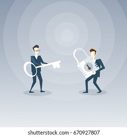 Two Businessmen Holding Key And Lock Team Business Opportunity Concept Vector Illustration