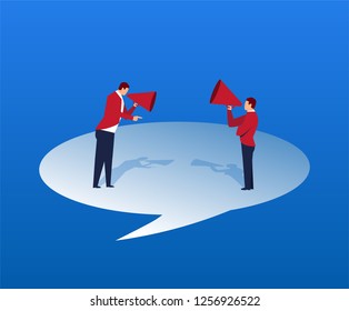 Two businessmen holding a megaphone quarrel