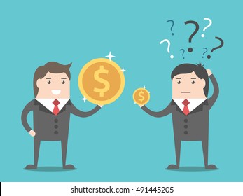 Two businessmen holding small and big dollar coins on blue background. Money, earnings and salary concept. Flat design. EPS 8 vector illustration, no transparency