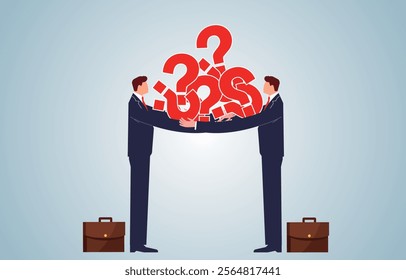 two businessmen holding a whole lot of question marks together