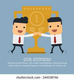 Two businessmen are hug a trophy,Vector cartoon concept abstract business