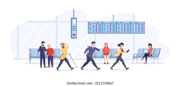 Two businessmen hurriedly walking through departure hall terminal in airport. Passengers late for boarding afraid to miss plane. Busy running tourists delay to flying departure at airport interior