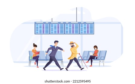 Two businessmen hurriedly walking through departure hall terminal in airport. Passengers late for boarding afraid to miss plane. Busy running tourists delay to flying departure at airport interior