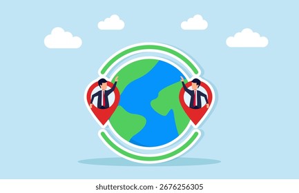 Dos hombres de negocios dentro de un punto de alfiler alrededor de un globo ilustración de conectividad entre dos empresas de negocios