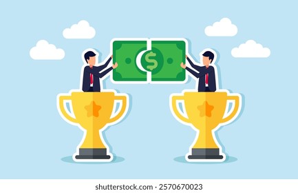 Two businessmen inside a trophy completing a dollar puzzle together, illustration of a joint venture and leading company collaborating to perfect and boost business revenue