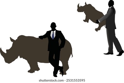 Two businessmen are interacting with a rhinoceros in silhouette, showcasing the concept of wildlife conservation