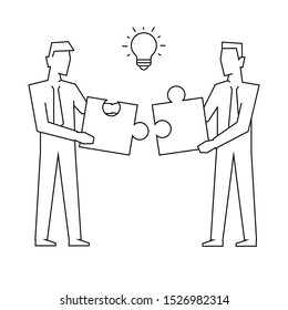 Two businessmen join puzzle linear illustration on white background