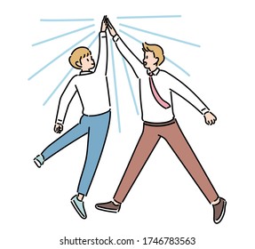 Two businessmen jumping and doing high five. hand drawn style vector design illustrations. 