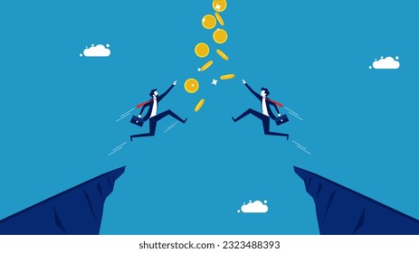 Two businessmen jumping to grab coins. Compete in business to capture profits