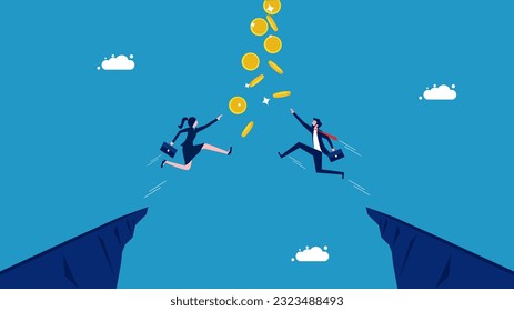 Two businessmen jumping to grab coins. Compete in business to capture profits