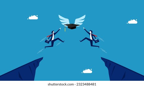 Two businessmen jumping holding graduation caps. Compete for academic success