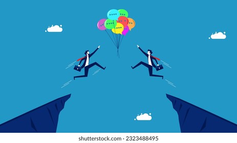 Two businessmen jumping over each other grabbing speech balloons. Competing for information and new
