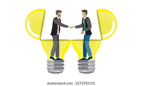 Two businessmen in light bulbs shaking hands. Isolated on white. Vector illustration.