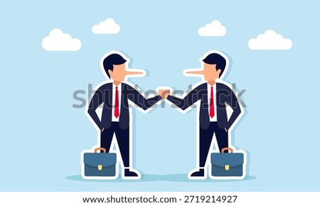 Two businessmen with long noses shake hands symbolizing organized cheating fraud and corruption in business
