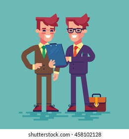 Two businessmen are looking at clipboard. Businessman in formal suit is showing a document on a clipboard to his colleague. Vector illustration in flat style.