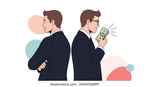 Two businessmen looking in opposite directions one holding money with a happy expression the other with a serious expression