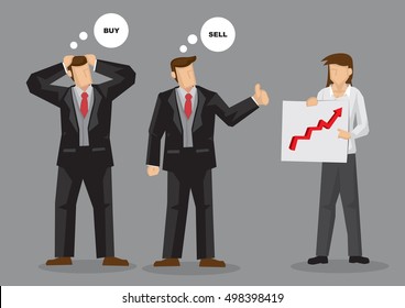 Two businessmen looking at same chart arrive at different investment decision to buy and sell. Cartoon vector illustration on different perspective of the same thing concept.